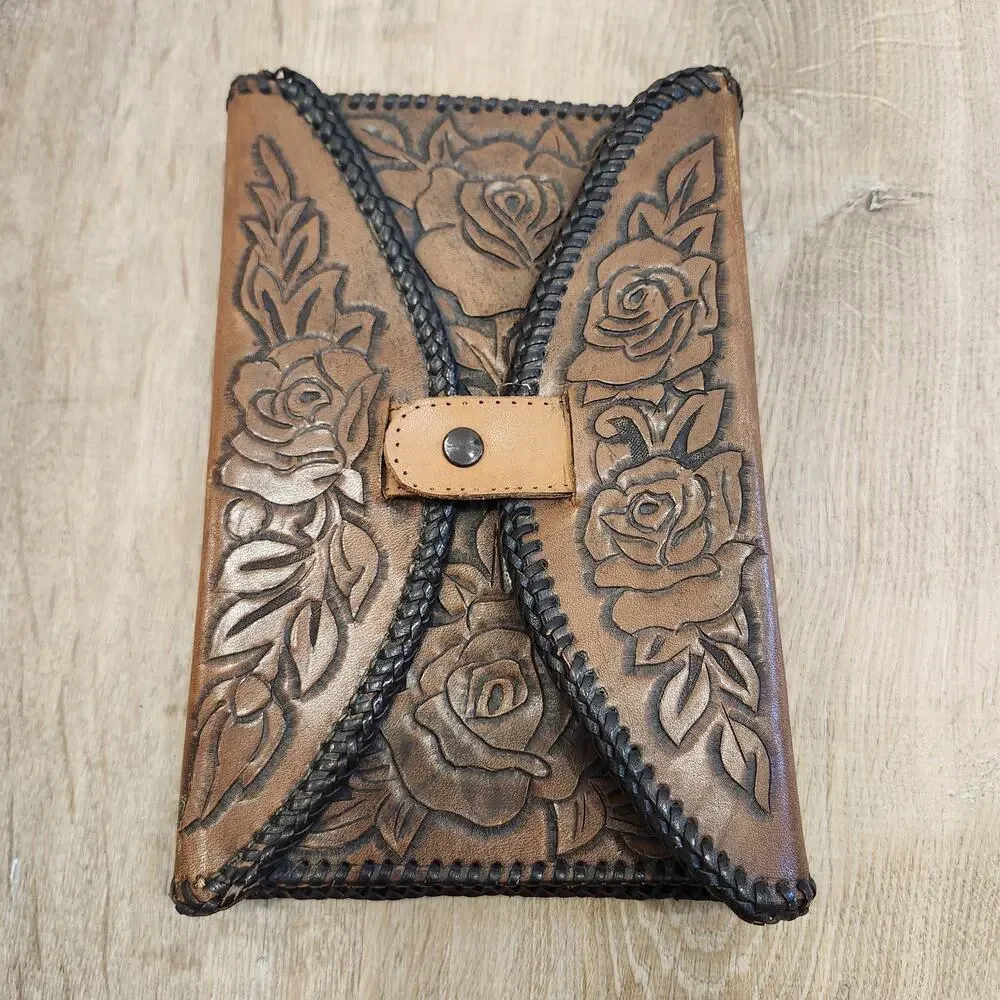 Vintage Hand Tooled Leather Book Journal Cover Handmade Roses Snap Close Signed